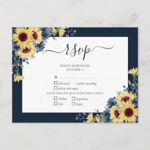 Navy Blue Sunflower Botanical Script Wedding RSVP Invitation Postcard