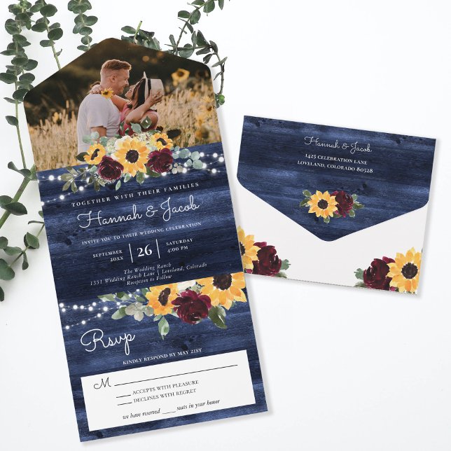 Navy Blue Sunflower Burgundy Roses  Photo Wedding All In One Invitation (Creator Uploaded)