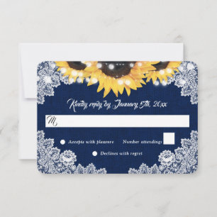 Navy Blue Sunflower Burlap Floral Lace Wedding RSVP Card