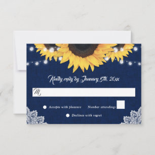 Navy Blue Sunflower Burlap String Lights Wedding RSVP Card