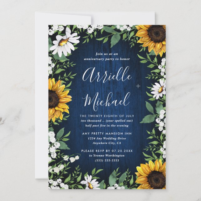 Navy Blue Sunflower Country Boho Anniversary Party Invitation (Front)