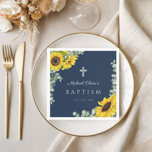 Navy Blue Sunflower Eucalyptus Religious Baptism Napkin