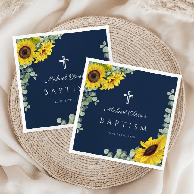 Navy Blue Sunflower Eucalyptus Religious Baptism Napkin (Elegant Navy Blue Floral Cross Baptism Napkins)