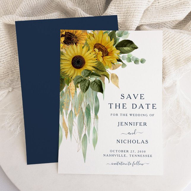 Navy Blue Sunflower Eucalyptus Wedding Save The Date (Navy Blue Sunflower Eucalyptus Wedding Save The Date)