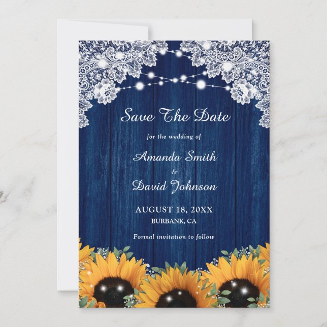 Navy Blue Sunflower Eucalyptus Wedding Save The Date (Front)