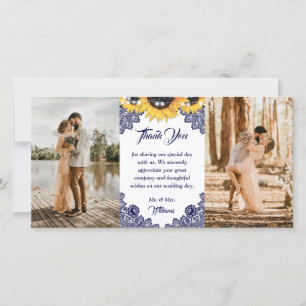 Navy Blue Sunflower Floral Lace Photo Wedding Thank You Card