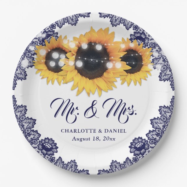Navy Blue Sunflower Floral Lace Wedding Paper Plate (Front)