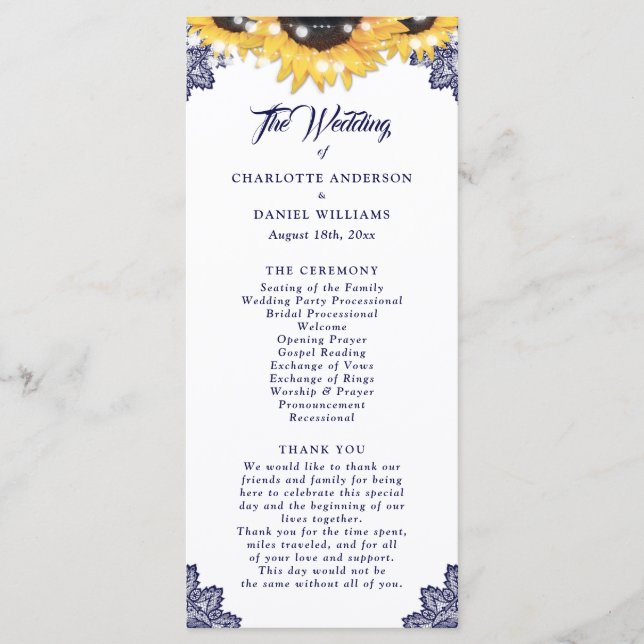 Navy Blue Sunflower Floral Lace Wedding Program Programme (Front)