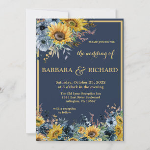 Navy Blue Sunflower Floral Wedding Invitation