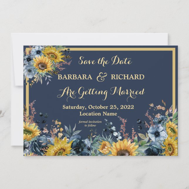 Navy Blue Sunflower Floral Wedding Save Date    Invitation (Front)