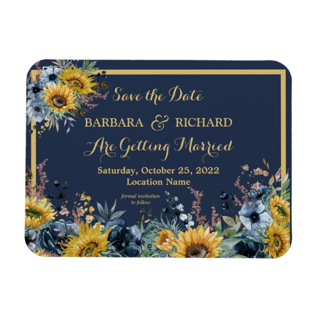 Navy Blue Sunflower Floral Wedding Save Date  Magnet (Horizontal)