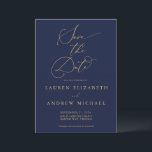 Navy Blue & Sunflower Gold Save the Date Invitation<br><div class="desc">This navy blue Save the Date card features a minimalist navy blue background with sunflower yellow/gold text. Fully customisable with names,  dates,  location,  background colour,  etc...  For more detailed customisation,  click the "Customise Further" link. Matching wedding suite items are also available in this collection.</div>