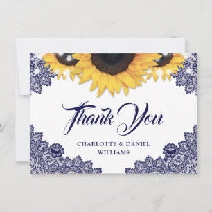 Navy Blue Sunflower Lace Elegant Script Wedding Thank You Card