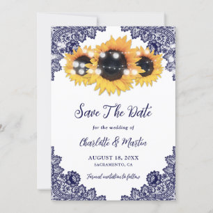 Navy Blue Sunflower Lace String Lights Wedding Save The Date