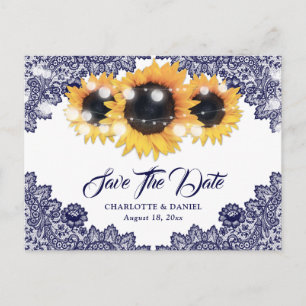 Navy Blue Sunflower Lace Wedding Save The Date Announcement Postcard
