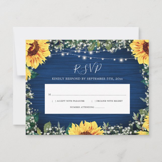 Navy Blue Sunflower Lights Rustic RSVP (Front)