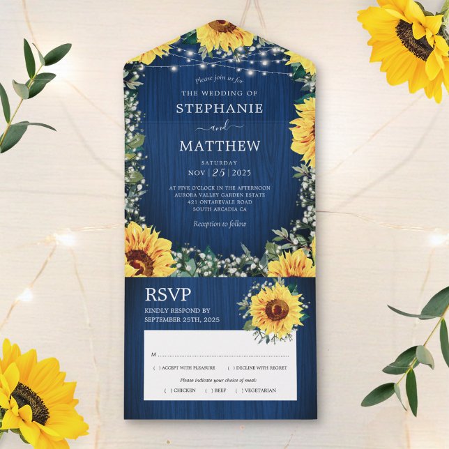 Navy Blue Sunflower Lights Rustic Wedding All In One Invitation (Creator Uploaded)