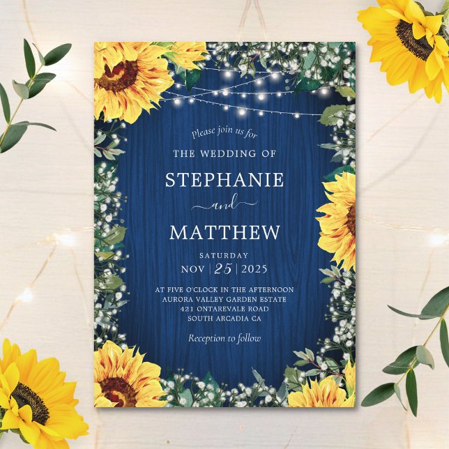 Navy Blue Sunflower Lights Rustic Wedding Invitation (Creator Uploaded)