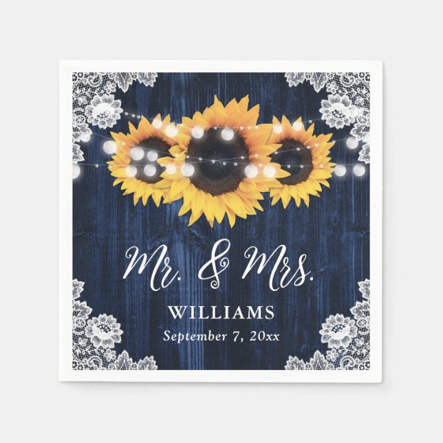 Navy Blue Sunflower Mr and Mrs Wedding Napkin (Front)