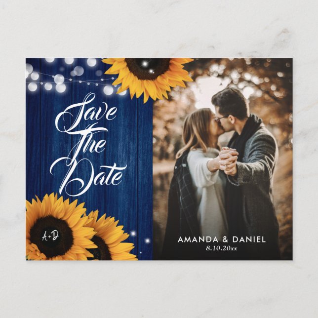 Navy Blue Sunflower Photo Wedding Save The Date Announcement Postcard (Front)