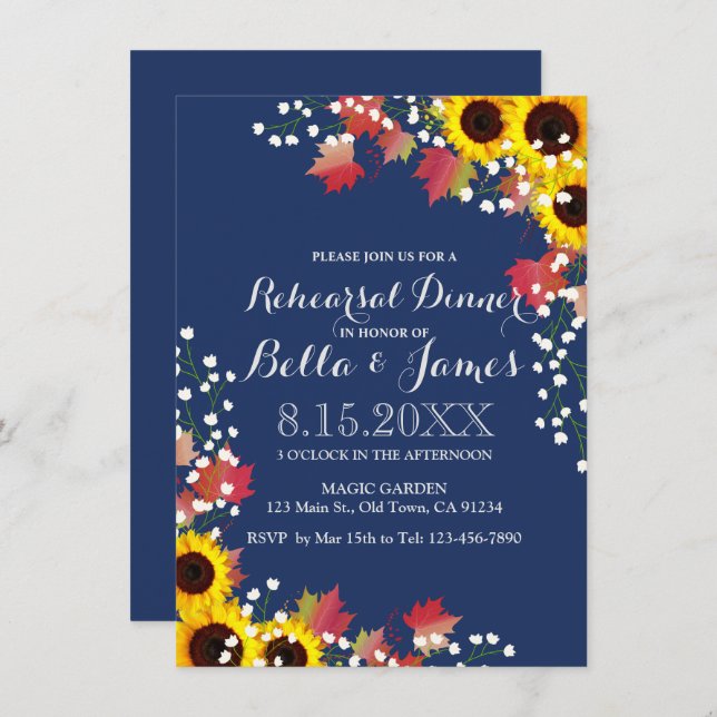 Navy Blue Sunflower  Rehearsal Dinner Cards (Front/Back)