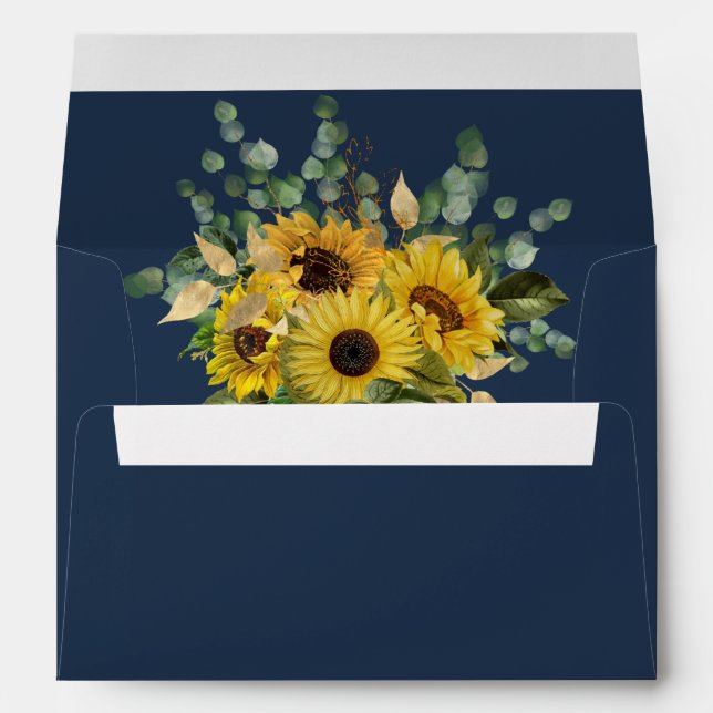 Navy Blue Sunflower Return Address Wedding Envelope (Back (Bottom))