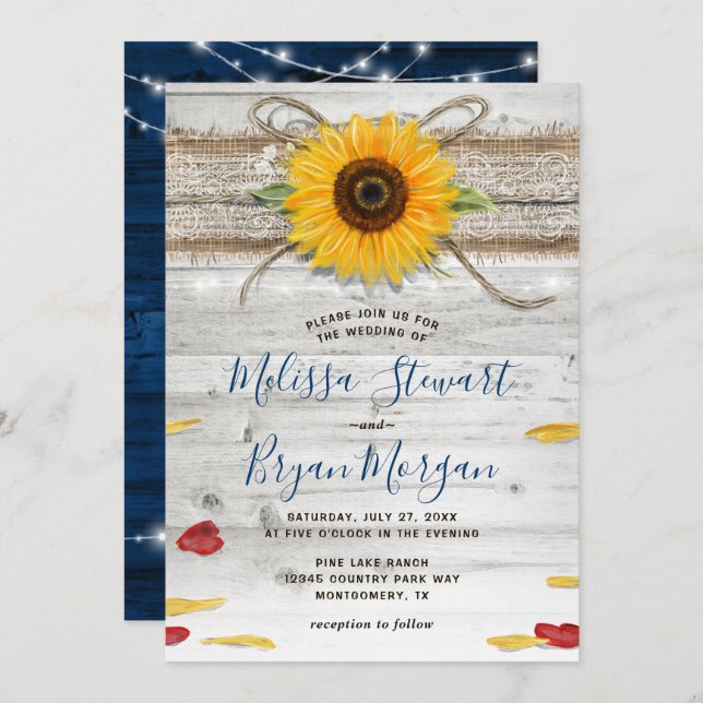Navy Blue Sunflower Rose Wood Lace Rustic Wedding Invitation (Front/Back)