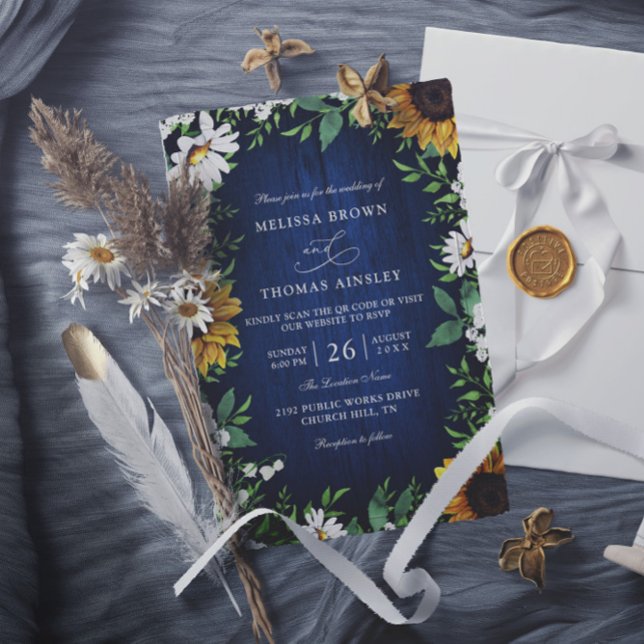 Navy Blue Sunflower Rustic Budget QR Code Wedding Invitation (Creator Uploaded)