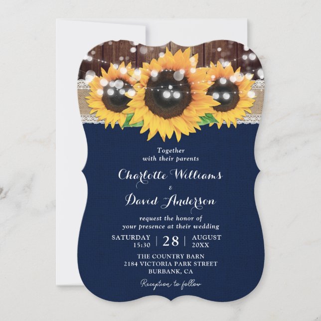 Navy Blue Sunflower Rustic Country Wood Wedding Invitation (Front)