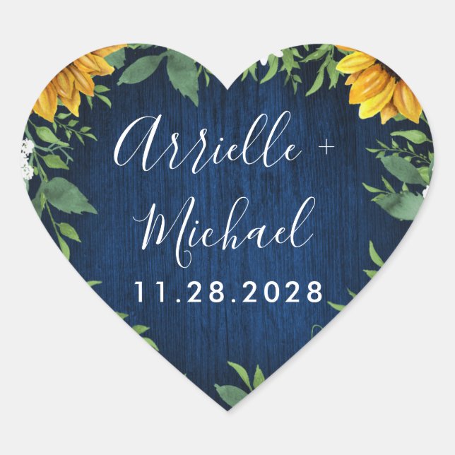Navy Blue Sunflower Rustic Wedding Favours Sticker (Front)