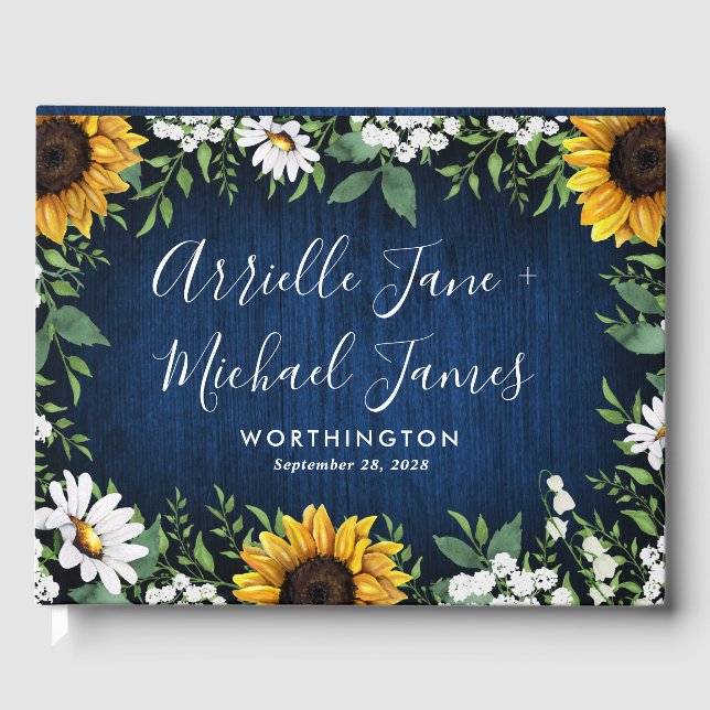Navy Blue Sunflower Rustic Wedding Guest Book (Front)