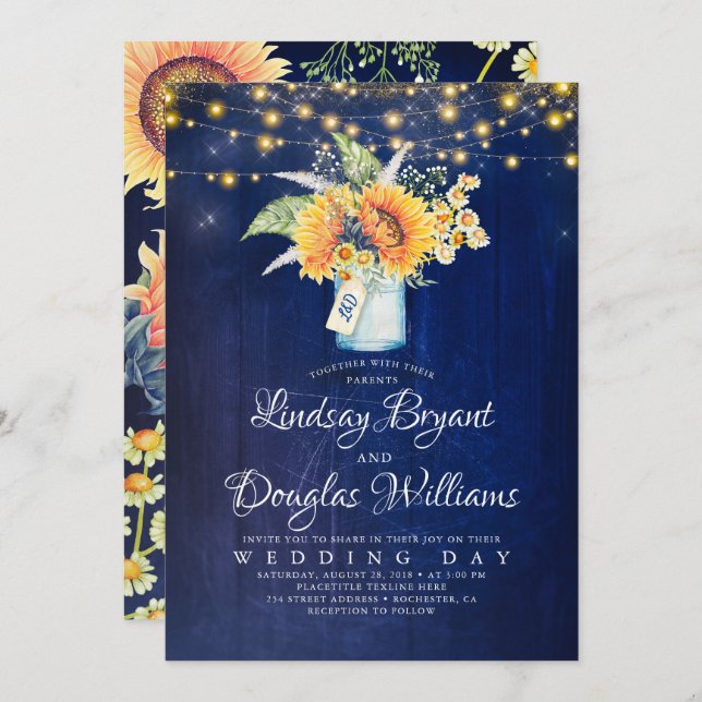 Navy Blue Sunflower Rustic Wedding Invitations (Front/Back)