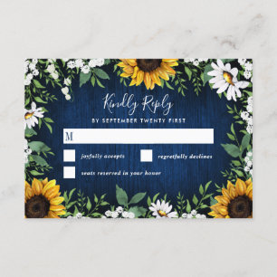 Navy Blue Sunflower Rustic Wedding RSVP Cards