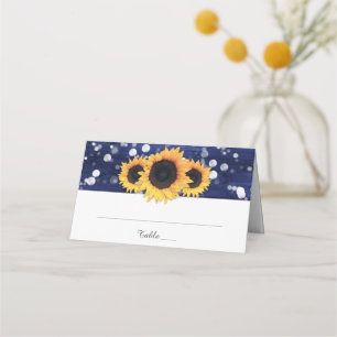 Navy Blue Sunflower Rustic Wood Lights Wedding Place Card