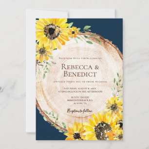 Navy Blue Sunflower Rustic Wood Wedding Invitation