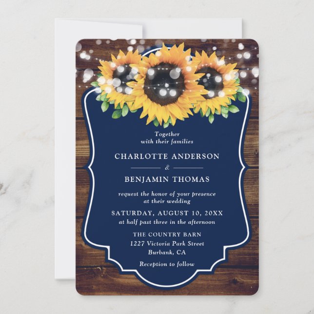 Navy Blue Sunflower Rustic Wood Wedding Invitation (Front)