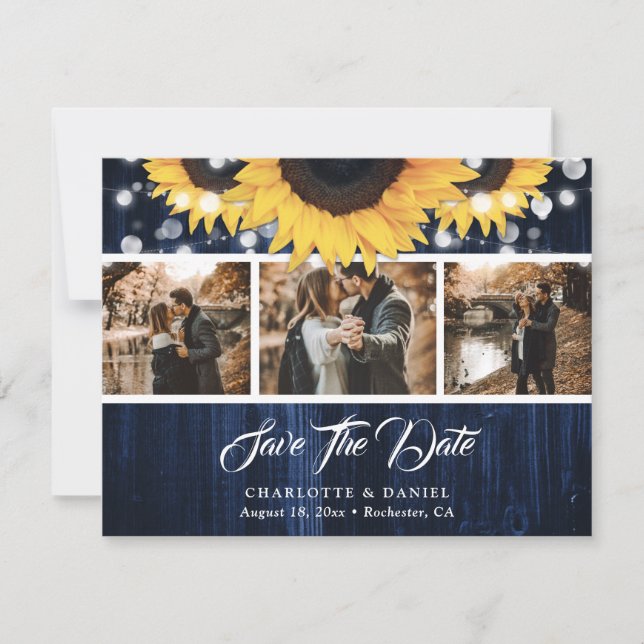 Navy Blue Sunflower String Lights Photo Wedding Save The Date (Front)