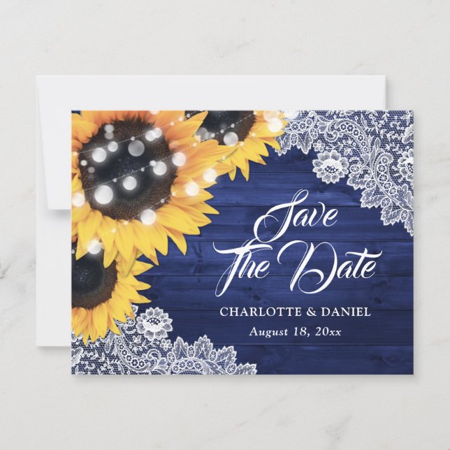 Navy Blue Sunflower String Lights Wood Wedding Announcement (Front)