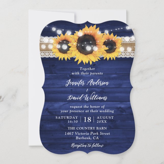 Navy Blue Sunflower String Lights Wood Wedding Invitation (Front)