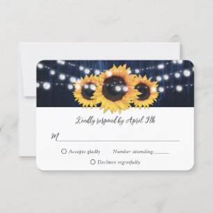 Navy Blue Sunflower String Lights Wood Wedding RSVP Card