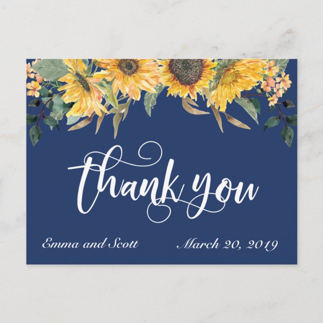 Navy Blue Sunflower Thank you Wedding Script Postcard (Front)