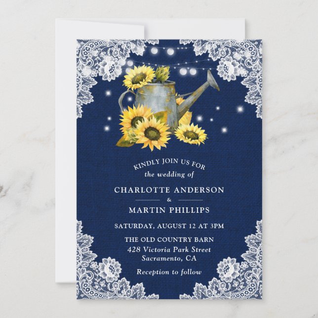 Navy Blue Sunflower Watering Can Lace Wedding Invitation (Front)