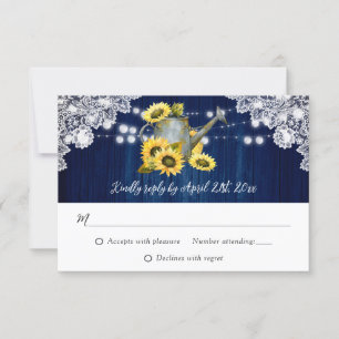 Navy Blue Sunflower Watering Can Wood Wedding RSVP Card