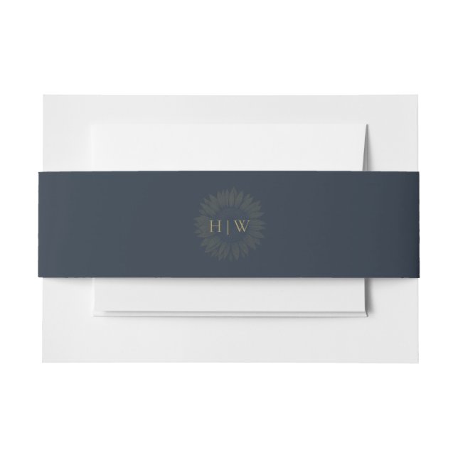 Navy blue sunflower wedding monogram invitation belly band (Front Example)