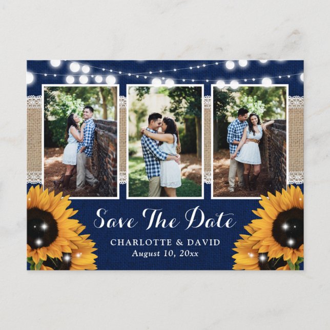 Navy Blue Sunflower Wedding Photo Save The Date Announcement Postcard (Front)