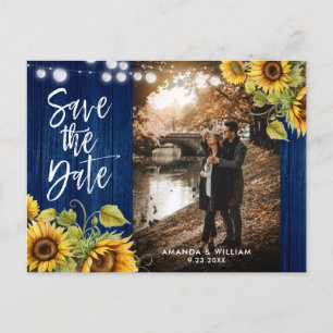 Navy Blue Sunflower Wedding Photo Save The Date Announcement Postcard