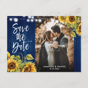 Navy Blue Sunflower Wedding Photo Save The Date Announcement Postcard