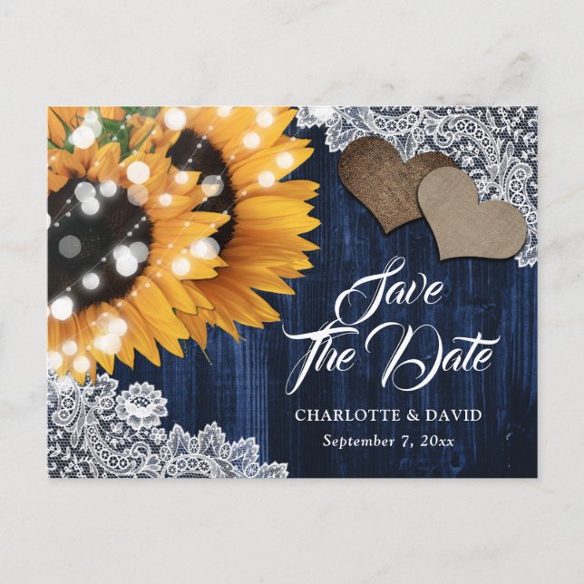 Navy Blue Sunflower Wedding Save The Date Postcard (Front)