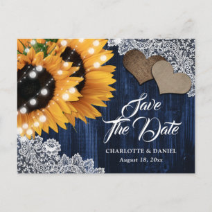 Navy Blue Sunflower Wedding Save The Date Postcard