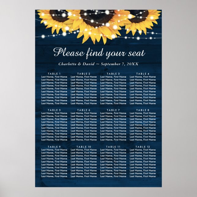 Navy Blue Sunflower Wedding Seating Chart 12 (Front)